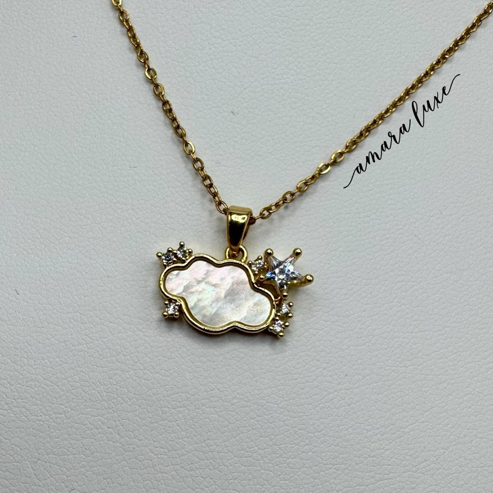 Gold Mother-of-Pearl Cloud Pendant Necklace with Crown Accent